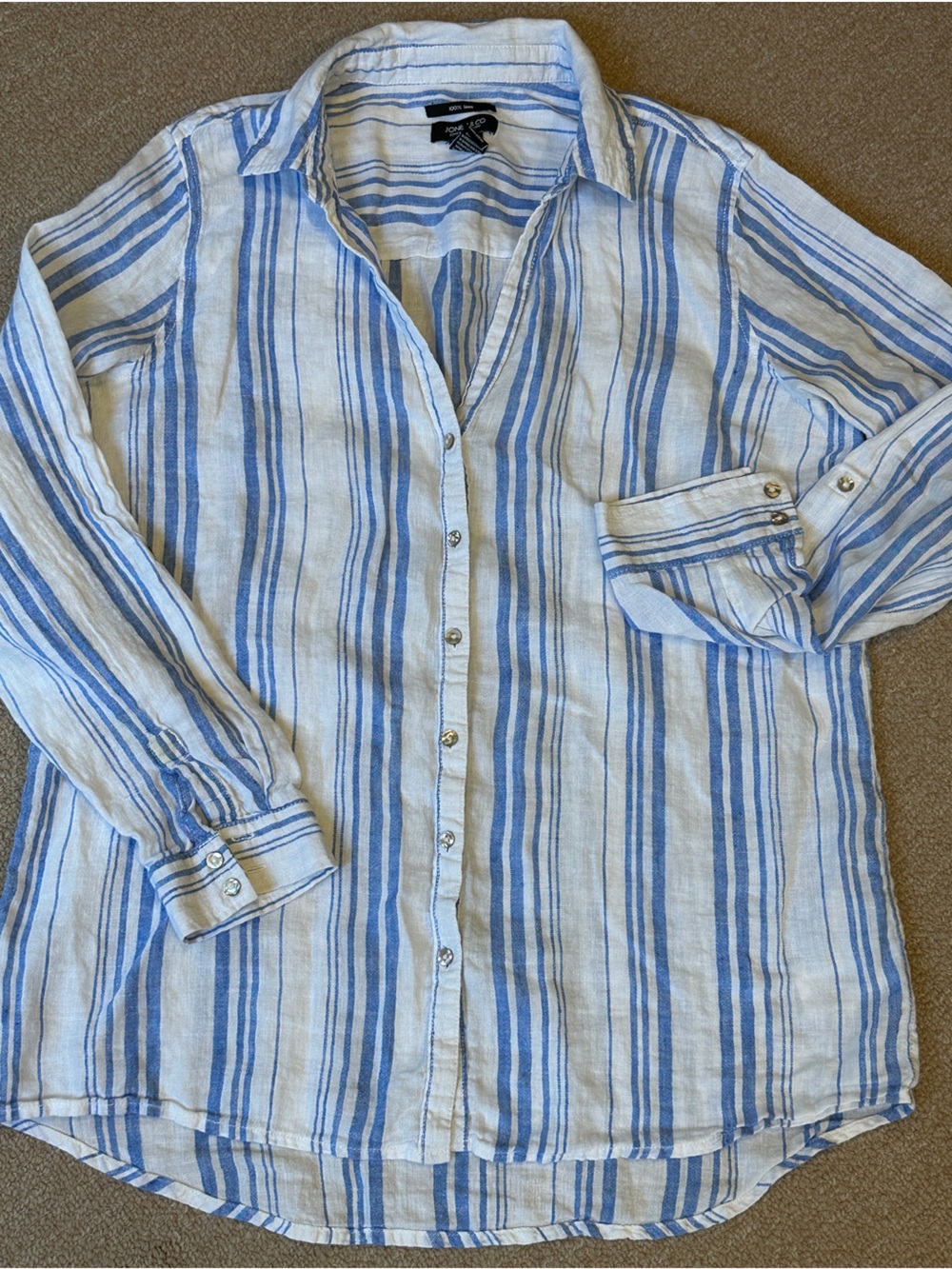 100% Linen Blue & White Striped Button up Shirt Women jones & co NY M seersucker